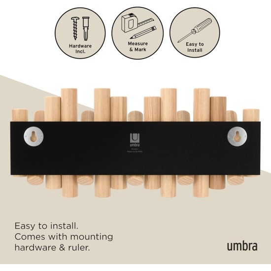 Umbra Picket Coat Rack Wall Mount – 5 Flip-Down Wood Coat Hooks, Modern & Functional Storage, Easy Install Wall Hooks, Natural