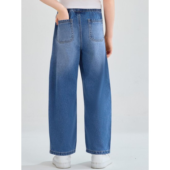 Haloumoning Girls Jeans Baggy Wide Leg Elastic High Waisted Denim Pants Y2K Boyfriend Jeans with Pockets 5-14Y