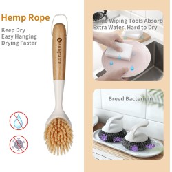 2 Pack Kitchen Dish Brush Bamboo Handle Dish Scrubber Built-in Scraper, Scrub Brush for Pans, Pots, Kitchen Sink Cleaning, Dishwashing and Cleaning Brushes are Perfect Cleaning Tools, White