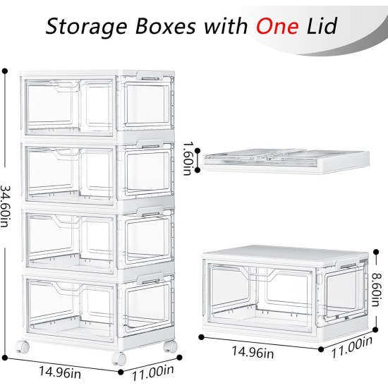 SNSLXH Portable Clear Storage Bins with Lid & Wheels, 24QT Clear Storage Bins with Lid, 4-Tier Plastic Bins with Wheels, Stackable, Magnetic Doors, for Bedroom, Living Room, Office