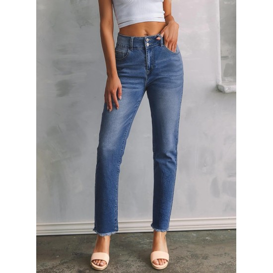 Sidefeel Women's High Waisted Jeans Strechy Fashion Raw Hem Straight Leg Ankle Denim Pants with Pockets