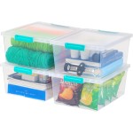 IRIS USA 12 Qt. Craft Storage Bins with Lids, 4-Pack, |Made in USA|, Clip Box, Medium Plastic Sensory Bin Tote Organizer Containers for Art Supplies, Paper, & Office, Stackable - Clear/Seafoam Blue