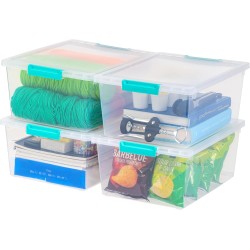 IRIS USA 12 Qt. Craft Storage Bins with Lids, 4-Pack, |Made in USA|, Clip Box, Medium Plastic Sensory Bin Tote Organizer Containers for Art Supplies, Paper, & Office, Stackable - Clear/Seafoam Blue