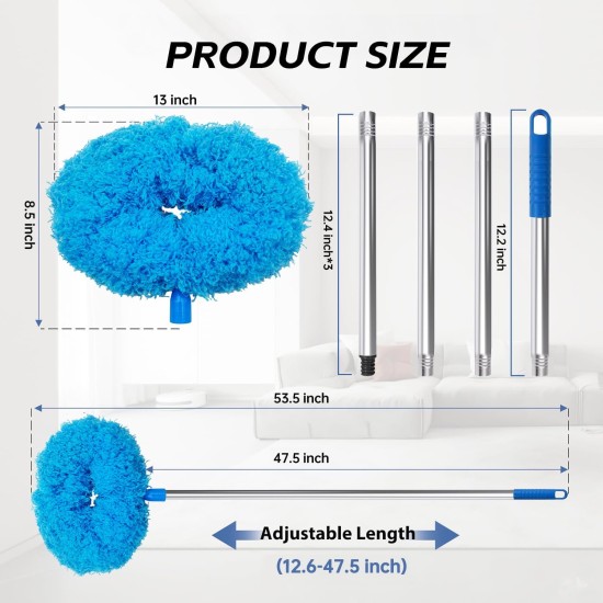 DRQ Ceiling Fan Cleaner Duster, Reusable Microfiber Duster with Extension Pole, 13 to 48 Inch Fan Blade Cleaner, Removable Dusters for Cleaning Walls Bookshelves Door Window Top (Blue)