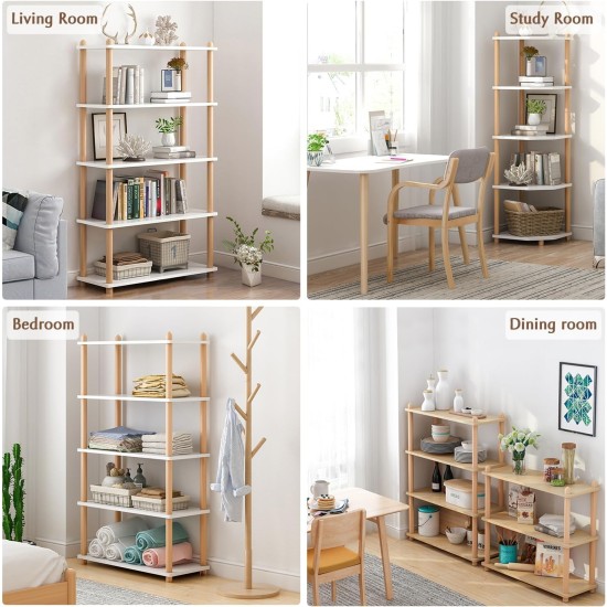 IOTXY 5-Tier Wooden Shelf Bookcase - Modern Open Bookshelf, Free Standing Storage Rack, Multifunctional Display Stand for Home and Office, Oak, Rectangle