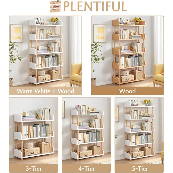5-Tier Wooden Open Bookcase - Modern Display Bookshelf with Top Edge and Solid Wood Frame for Home and Office, Storage Cabinet, Warm White