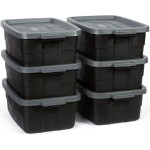 Rubbermaid 6-Pack Totes for Storage with Lids, Heavy Duty Plastic Storage Bins with Lids, Black Gray, 10 GAL - Stackable for Garage, Attic, Camping (10 GAL - 6 Pack Solid Black and Grey)