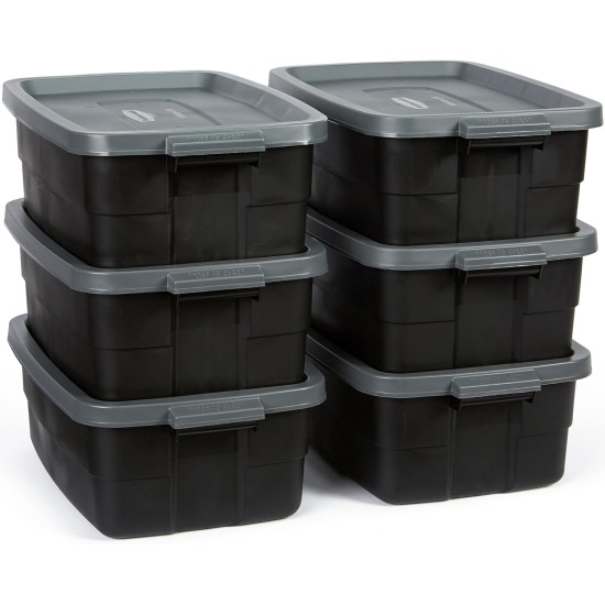 Rubbermaid 6-Pack Totes for Storage with Lids, Heavy Duty Plastic Storage Bins with Lids, Black Gray, 10 GAL - Stackable for Garage, Attic, Camping (10 GAL - 6 Pack Solid Black and Grey)
