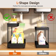 3 Pack Multi-Purpose Pull-Out Storage Organizers, 2-Tier L-Shaped Under Sink/Cabinet Organizers and Storage for Bathroom & Kitchen, Black, 12.8 Inches