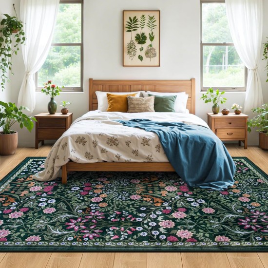 8x10 Area Rugs for Living Room: Floral Washable Rug Vintage Large Soft Boho Non-Slip Carpet Indoor Floor Stain Resistant Carpets for Bedroom Dining Room Farmhouse Nursery Home Office Dark Green