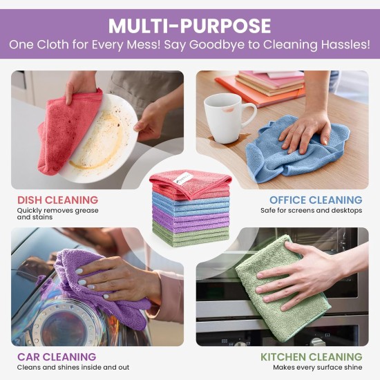 Microfiber Cleaning Cloth, 12 Pack Assorted Color Cleaning Rags for Housekeeping, Colorful Reusable Microfiber Towels for Car, Kitchen, Bathroom and Household Cleaning Supplies, 11.8"X11.8"
