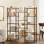 IOTXY Wooden Triple Wide Bookshelf - 5-Tier Large Shelf Bookcase with Solid Beech Frame, Tall Freestanding Open Etagere Display Rack for Home Office, Walnut