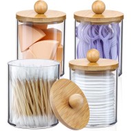 4 Pack Qtip Holder Dispenser with Bamboo Lids - 10 oz Clear Plastic Apothecary Jar Containers for Vanity Makeup Organizer Storage - Bathroom Accessories Set for Cotton Swab, Ball, Pads, Floss