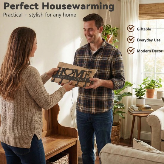 WIPHANY Entryway Wall Key Holder with 5 Hooks, Metal Key Rack Wall Mount for Keys, Bags and Leashes, Decorative Organizer for Entryway, Mudroom or Hallway, Sweet Home Design, 9.8 inches, Black