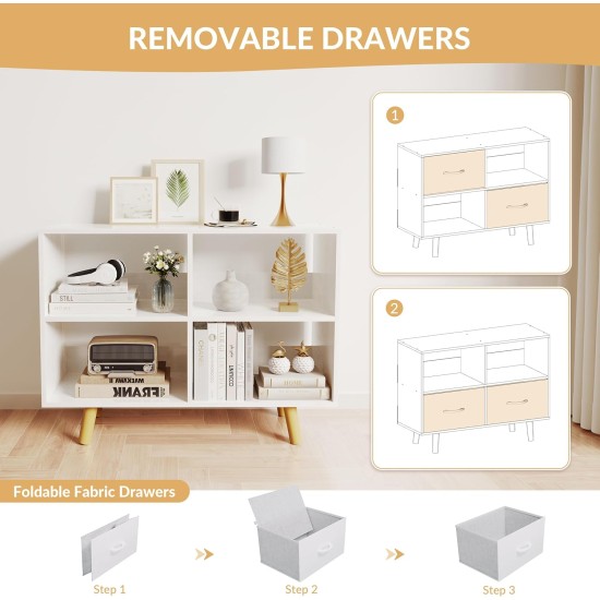 Bookcase with Fabric Storage Bins - 4 Cube Organizer Display Bookshelf for Home Office, White