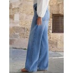 Flamingals Wide Leg Jeans for Women Mid Waist Baggy Stitch Decor Denim Washed Pants Without Belt