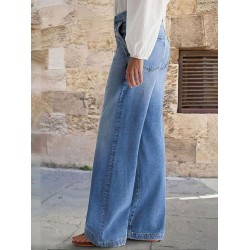 Flamingals Wide Leg Jeans for Women Mid Waist Baggy Stitch Decor Denim Washed Pants Without Belt Flamingals Wide Leg Jeans for Women Mid Waist Baggy Stitch Decor Denim Washed Pants Without Belt