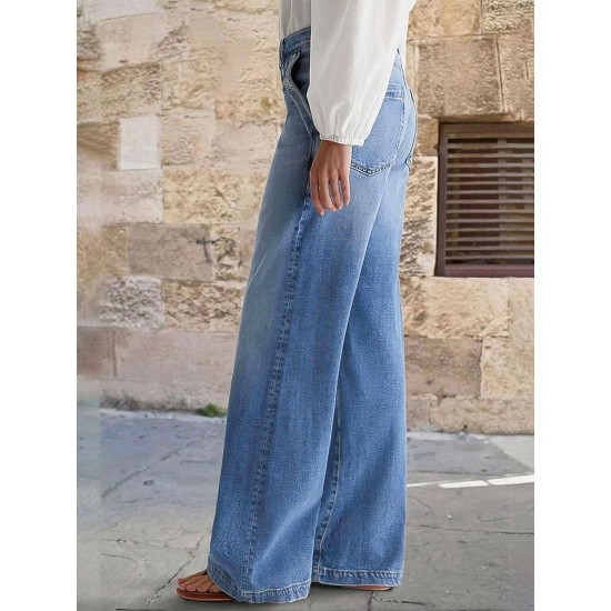 Flamingals Wide Leg Jeans for Women Mid Waist Baggy Stitch Decor Denim Washed Pants Without Belt