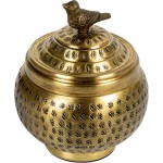 Round Hammered Metal Container with Bird Finial, Brass Finish Round Hammered Metal Container with Bird Finial, Brass Finish