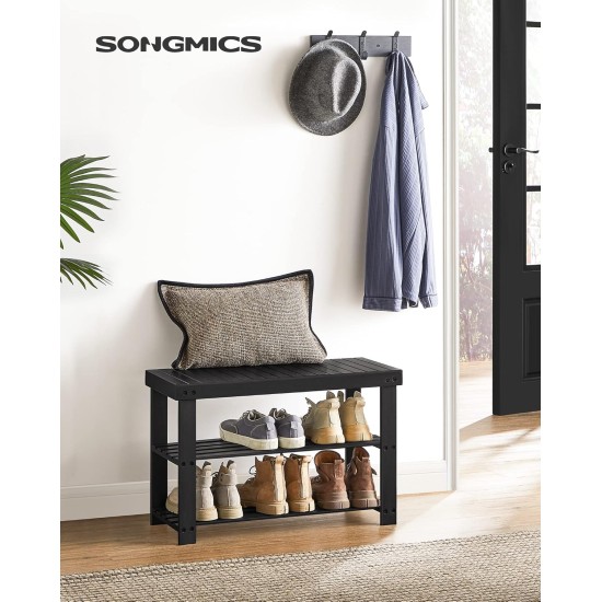 SONGMICS Shoe Rack Bench, 3-Tier Bamboo Shoe Storage Organizer, Entryway Bench, Holds Up to 286 lb, 11.3 x 27.6 x 17.8 Inches, for Entryway Bathroom Bedroom, Ink Black ULBS04H