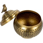 Round Hammered Metal Container with Bird Finial, Brass Finish Round Hammered Metal Container with Bird Finial, Brass Finish