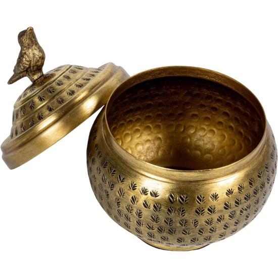 Round Hammered Metal Container with Bird Finial, Brass Finish Round Hammered Metal Container with Bird Finial, Brass Finish