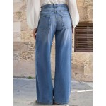 Flamingals Wide Leg Jeans for Women Mid Waist Baggy Stitch Decor Denim Washed Pants Without Belt