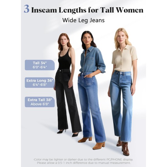 SEVEGO Tall Women's 34"/36"/38" Inseam Wide Leg Jeans High Waisted Stretchy Straight Loose Trendy Denim Pants Pockets