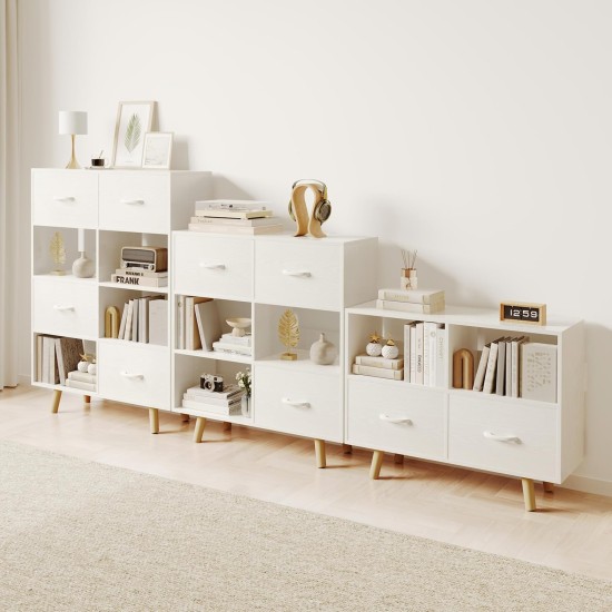 Bookcase with Fabric Storage Bins - 4 Cube Organizer Display Bookshelf for Home Office, White