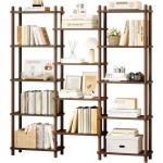IOTXY Wooden Triple Wide Bookshelf - 5-Tier Large Shelf Bookcase with Solid Beech Frame, Tall Freestanding Open Etagere Display Rack for Home Office, Walnut