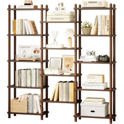 IOTXY Wooden Triple Wide Bookshelf - 5-Tier Large Shelf Bookcase with Solid Beech Frame, Tall Freestanding Open Etagere Display Rack for Home Office, Walnut