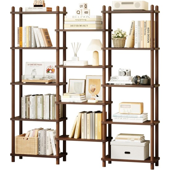 IOTXY Wooden Triple Wide Bookshelf - 5-Tier Large Shelf Bookcase with Solid Beech Frame, Tall Freestanding Open Etagere Display Rack for Home Office, Walnut