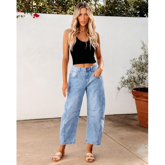GRAPENT Barrel Jeans for Women Trendy High Waisted Wide Leg Baggy Cropped Relax Fit Stretch Denim Trouser Ankle Pants