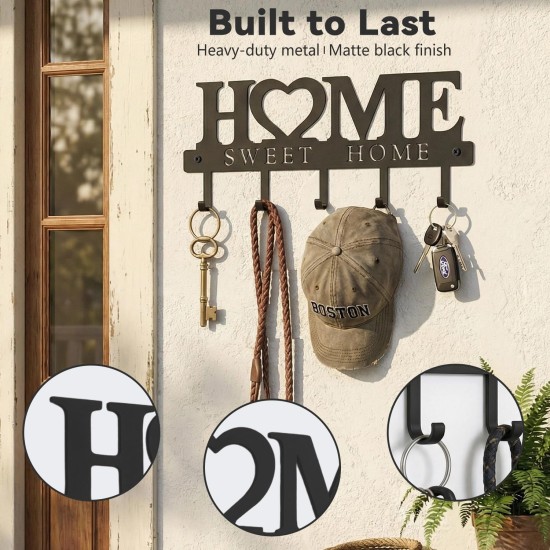 WIPHANY Entryway Wall Key Holder with 5 Hooks, Metal Key Rack Wall Mount for Keys, Bags and Leashes, Decorative Organizer for Entryway, Mudroom or Hallway, Sweet Home Design, 9.8 inches, Black