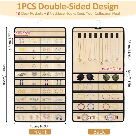 Hanging Jewelry Organizers and Storage, Double-Sided Jewelry Necklace Holder for Jewelries, Earrings, Accessories, Rings on Closet, Door, Wall (1,Beige)