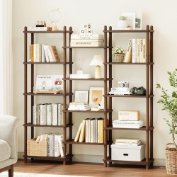 IOTXY Wooden Triple Wide Bookshelf - 5-Tier Large Shelf Bookcase with Solid Beech Frame, Tall Freestanding Open Etagere Display Rack for Home Office, Walnut IOTXY Wooden Triple Wide Bookshelf - 5-Tier Large Shelf Bookcase with Solid Beech Frame, Tall Freestanding Open Etagere Display Rack for Home Office, Walnut