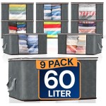 Reli. 60L Clothes Storage Bags (9 Pack) Closet Organizers, Storage Containers | Foldable Clothes Bins w/Lids, Handles | Large Bags for Storing Towels, Clothing, Toys, Blankets | Grey