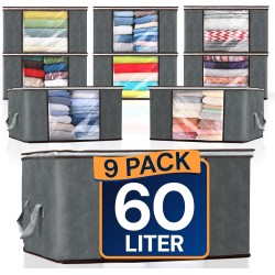 Reli. 60L Clothes Storage Bags (9 Pack) Closet Organizers, Storage Containers | Foldable Clothes Bins w/Lids, Handles | Large Bags for Storing Towels, Clothing, Toys, Blankets | Grey