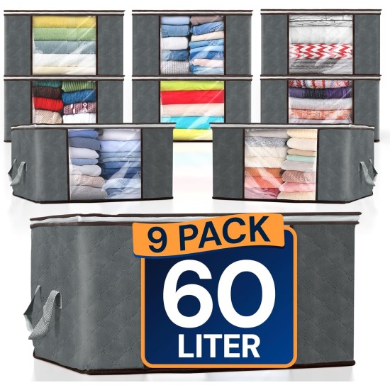 Reli. 60L Clothes Storage Bags (9 Pack) Closet Organizers, Storage Containers | Foldable Clothes Bins w/Lids, Handles | Large Bags for Storing Towels, Clothing, Toys, Blankets | Grey