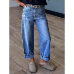 Flamingals Straight Leg Jeans for Women Boyfriend Mid Rise Roll Hem Wash Cropped Denim Pants Without Belt