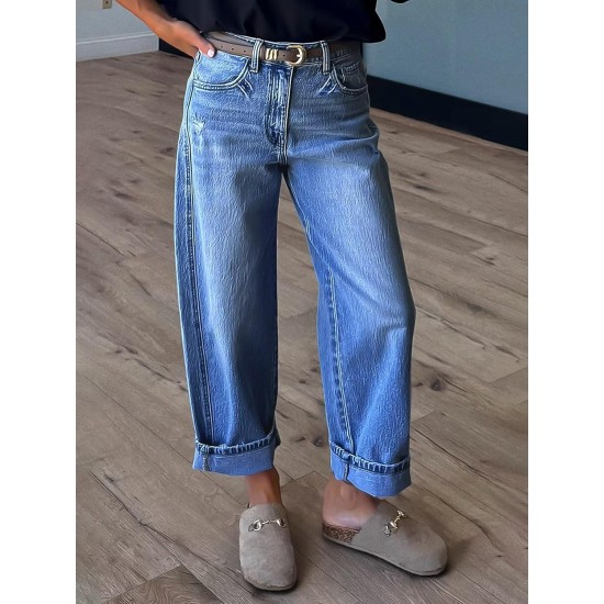 Flamingals Straight Leg Jeans for Women Boyfriend Mid Rise Roll Hem Wash Cropped Denim Pants Without Belt