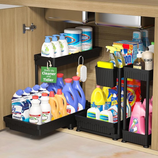 3 Pack Multi-Purpose Pull-Out Storage Organizers, 2-Tier L-Shaped Under Sink/Cabinet Organizers and Storage for Bathroom & Kitchen, Black, 12.8 Inches 3 Pack Multi-Purpose Pull-Out Storage Organizers, 2-Tier L-Shaped Under Sink/Cabinet Organizers and Storage for Bathroom & Kitchen, Black, 12.8 Inches