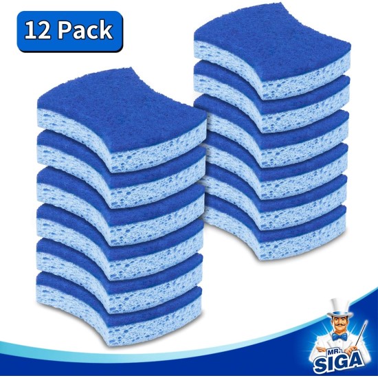 MR.SIGA Non-Scratch Cellulose Scrub Sponge, Dual-Sided Dishwashing Sponge for Kitchen, 12 Pack