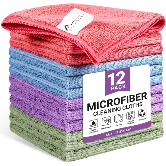 Microfiber Cleaning Cloth, 12 Pack Assorted Color Cleaning Rags for Housekeeping, Colorful Reusable Microfiber Towels for Car, Kitchen, Bathroom and Household Cleaning Supplies, 11.8"X11.8"