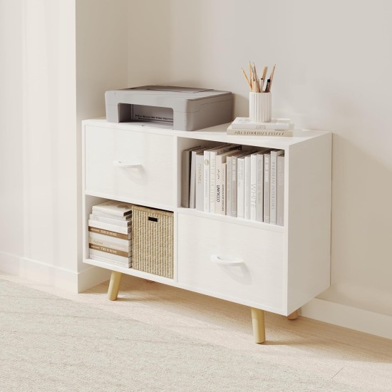 Bookcase with Fabric Storage Bins - 4 Cube Organizer Display Bookshelf for Home Office, White