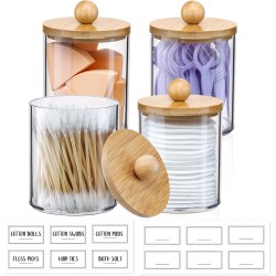 4 Pack Qtip Holder Dispenser with Bamboo Lids - 10 oz Clear Plastic Apothecary Jar Containers for Vanity Makeup Organizer Storage - Bathroom Accessories Set for Cotton Swab, Ball, Pads, Floss 4 Pack Qtip Holder Dispenser with Bamboo Lids - 10 oz Clear Plastic Apothecary Jar Containers for Vanity Makeup Organizer Storage - Bathroom Accessories Set for Cotton Swab, Ball, Pads, Floss