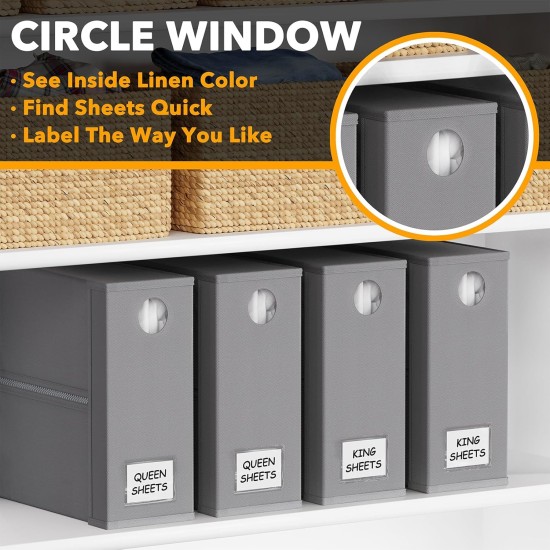 SpaceAid 4 Pack Bed Sheet Organizers and Storage, Foldable Organizer for Linen Closet, Sheets Set Folder Keeper with Window XL (Queen & King Size) Organizing Bedding Container, Gray 91ZDSN-SL01-G4