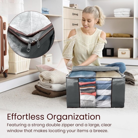 Reli. 60L Clothes Storage Bags (9 Pack) Closet Organizers, Storage Containers | Foldable Clothes Bins w/Lids, Handles | Large Bags for Storing Towels, Clothing, Toys, Blankets | Grey