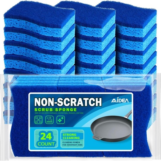 AIDEA Non Scratch Scrub Sponge, 24Count, Sponges for Dishes, Sponges Kitchen, Cleaning Sponge, Cleans Fast Without Scratching, Stands Up to Stuck-on Grime, Cleaning Power for Everyday Jobs