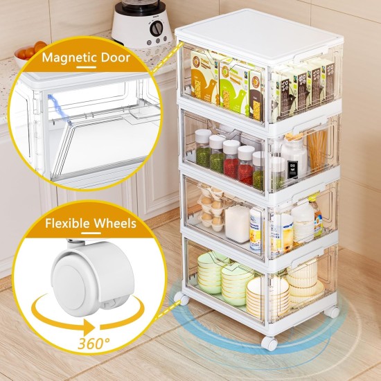 SNSLXH Portable Clear Storage Bins with Lid & Wheels, 24QT Clear Storage Bins with Lid, 4-Tier Plastic Bins with Wheels, Stackable, Magnetic Doors, for Bedroom, Living Room, Office